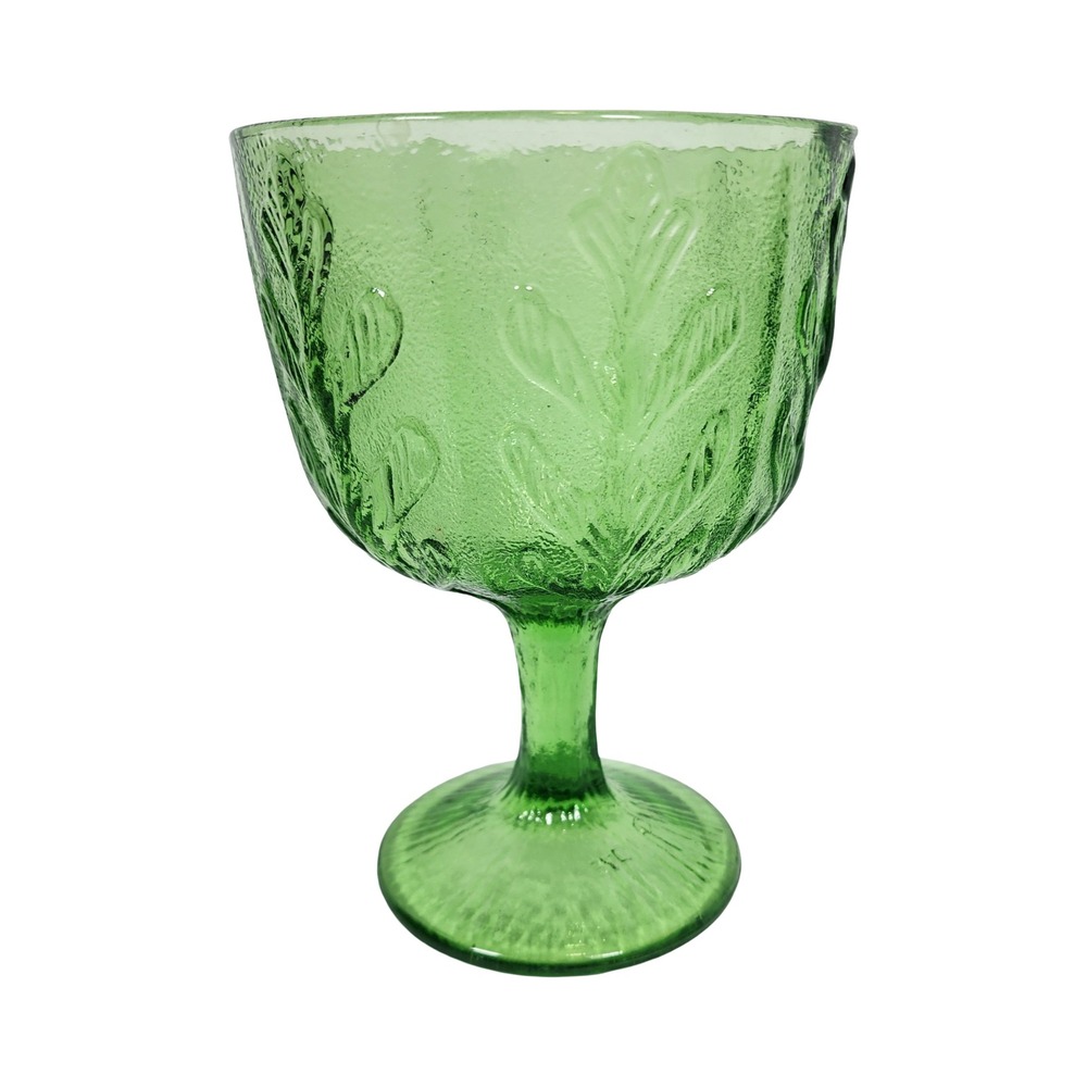 Vintage Libbey Green Glass Leaf Goblet Embossed Textured Water Wine Glass 1975